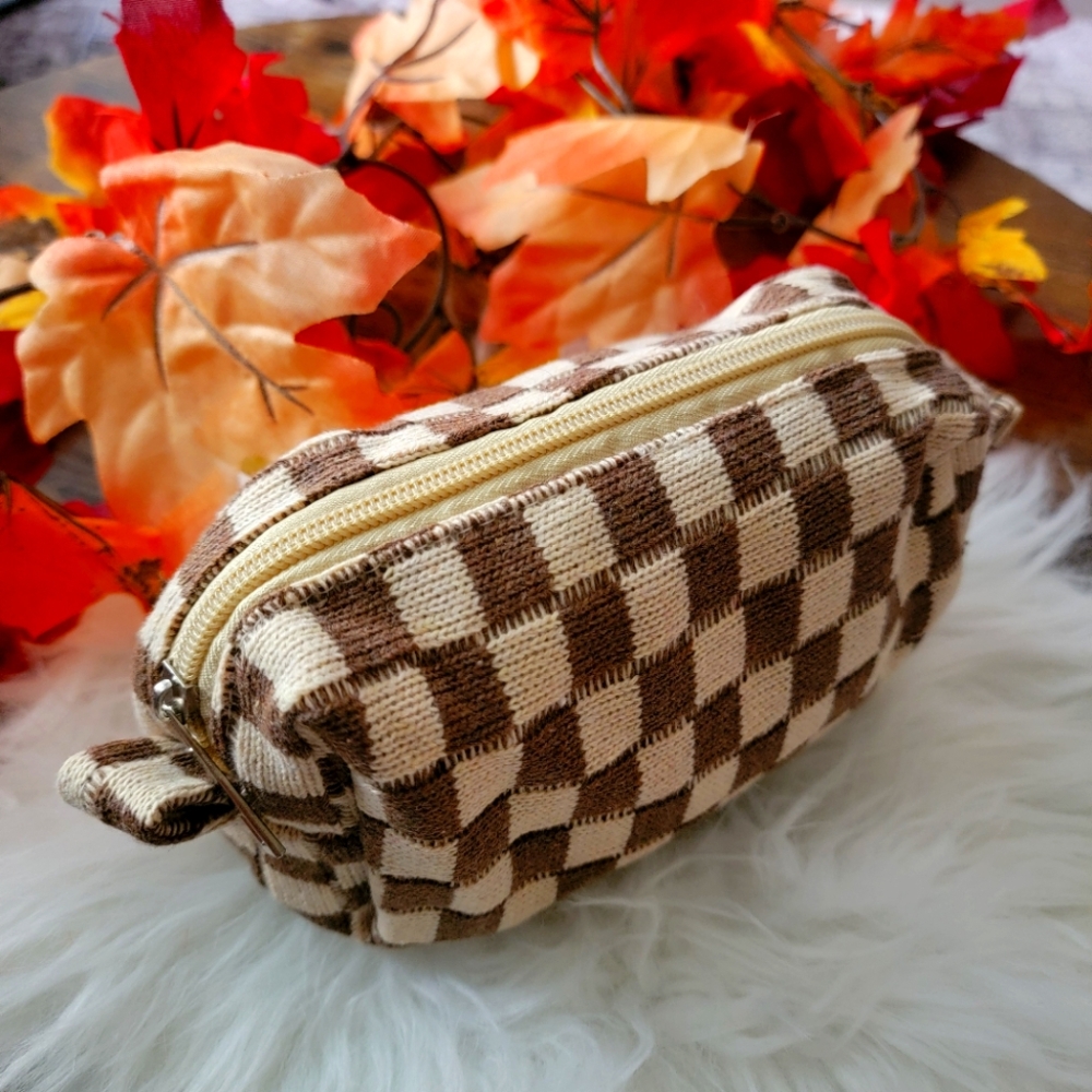 Checkered Brown and Cream Cosmetic Pouch